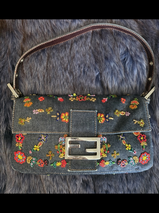 Fendi Handbags - Fendi Denim Baguette Shoulder Bag with Floral Embroidery And Extra Beads